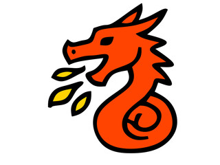 Vector  dragon mascot breathing fire icon of a mythical beast with a bold black outline and vibrant orange color, ideal for branding, gaming, or fantasy themes.
