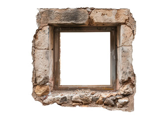 old rustic window frame made of wood and stone isolated on white or transparent png