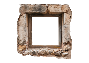old rustic window frame made of wood and stone isolated on white or transparent png