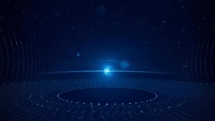 Dark blue abstract digital scene with glowing central point, surrounded by a circular platform and radial lines, with subtle particle effects in the background
