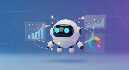 Small robot with glowing eyes surrounded by digital charts and graphs on a gradient background