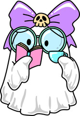 Halloween Cute Ghost Reading Book with Tea