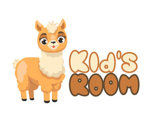 Banner for child play area with inscription Kids Room and cute Alpaca. Cartoon animal label for playroom, emblem for game education areas.