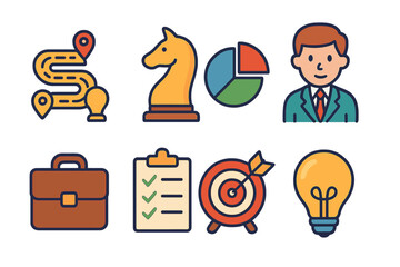 Consulting Icons Grid. Flat vector mini-illustrations Strategy consulting in colors children's illustrations: