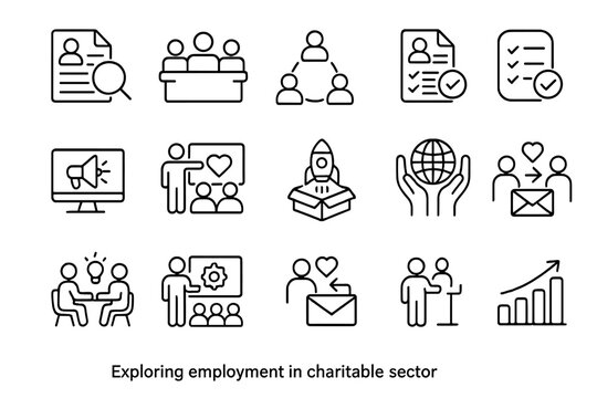 Charity Career Icons. Outline icon set of exploring employment in charitable sector: application review,