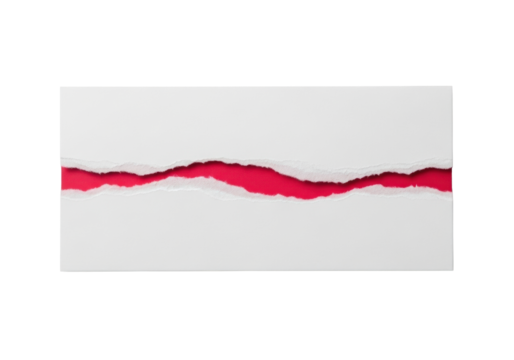 Uncreased matte white rectangular paper with jagged tear revealing vibrant crimson red and fibrous texture, on transparent with shadowless studio lighting, concept of material study