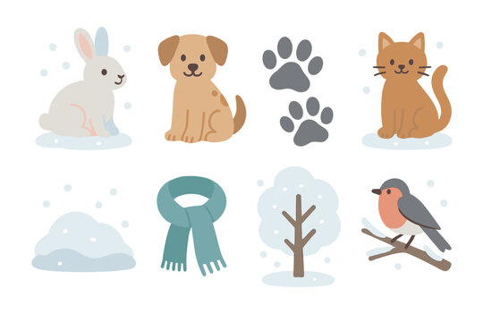 Winter Wildlife Icons. Flat vector mini-illustrations Wildlife and pets in winter in colors children's