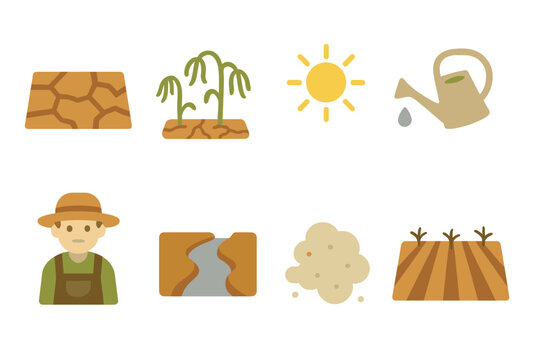 Drought Impact on Crops. Flat vector mini-illustrations Drought affecting crops in colors children's