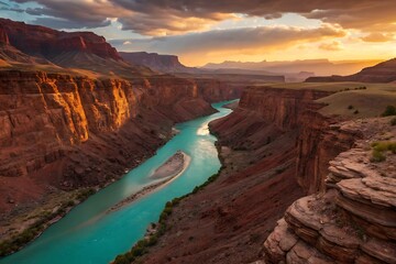 Floating Islands Over Glowing Lake with Dramatic Sunset Clouds and Mist