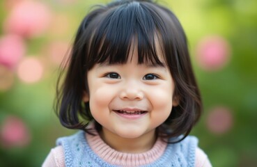 Cheerful toddler Asian baby girl with adorable bangs, blue sweater smiles brightly. Cute child looks directly at camera with joy, innocence. Soft focus background with pink flowers, green foliage.