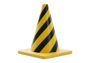 Yellow and Black Striped Construction Cone Isolated on Transparent Background