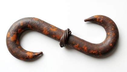 Heavy duty S-shaped metal hook with prominent rust, aged texture. Worn iron object, bound by wire, rests on clean white background. Antique appearance suggests industrial use historical context,