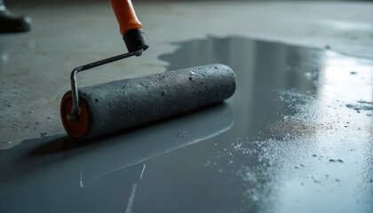 Roller applies grey sealant to concrete floor surface. Protects, coats, and smooths industrial or home improvement projects. Seamless, hard-wearing finish for durable flooring.