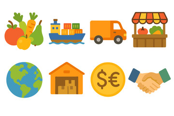 Naklejka premium Agricultural Trade Icons. Flat vector mini-illustrations Agricultural exports and imports in colors children's