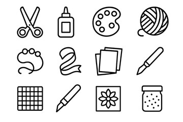 Craft Party Icons. Outline icon set of creative crafting party: scissors, glue bottle, paint palette, yarn