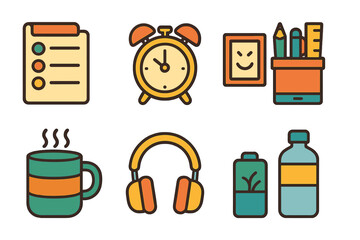 Remote Work Essentials. Flat vector mini-illustrations Remote productivity boosters in colors children's