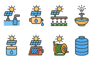 Solar Water Systems Icons. Flat vector mini-illustrations Solar water systems in colors children's