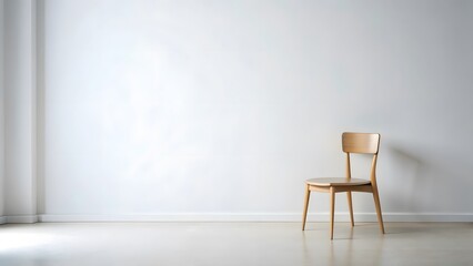 Minimalist interior scene single wooden chair on white wall, empty space