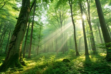 Obraz premium Lush Green Forest with Sunlight Rays Representing Sustainability and Nature Preservation