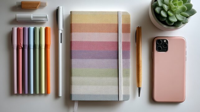 Color-coordinated desk flat lay with pastel pens, striped notebook, smartphone and succulent arranged neatly on white workspace for planning and study