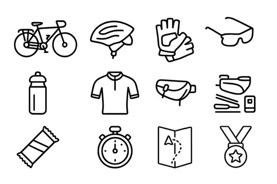 Cycling Gear Icons. Outline icon set of endurance cycling event: touring bike, helmet, gloves, sunglasses,