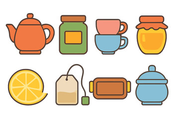 Children's Tea Station. Flat vector mini-illustrations tea station in colors children's illustrations: teapot,