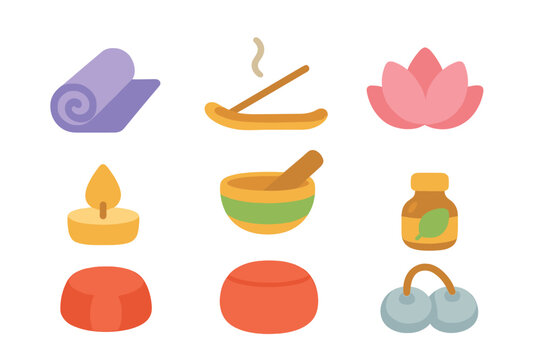 Meditative Breathing Icons. Flat vector mini-illustrations meditative breathing exercises in colors children's