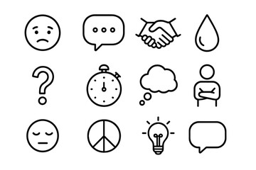 Difficult Conversations Icons. Outline icon set of Difficult conversations: frowning face, speech bubble with