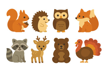 Fototapeta premium Autumn Forest Animal Icons. Flat vector mini-illustrations Autumn forest animals in colors children's