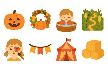 Fototapeta premium Autumn Festival Icons. Flat vector mini-illustrations Autumn festivals in colors children's illustrations: