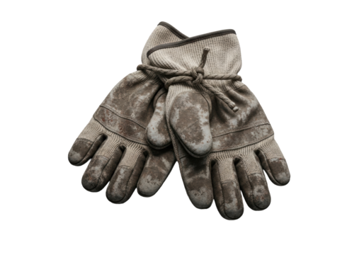 Soiled, well-worn heavy-duty work gloves tied together, isolated on a seamless transparent studio background, ultra-photorealistic, high-detail, slightly high-angle shot concept of hard work and