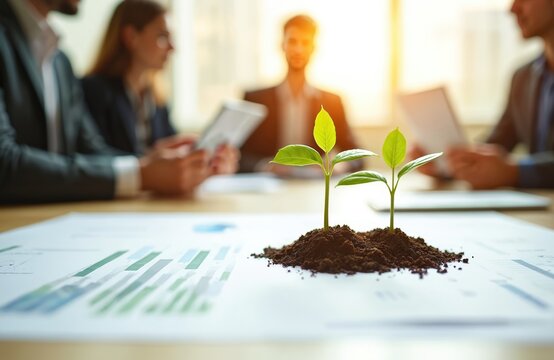 Team of business professionals collaborates on sustainable growth strategies in modern office setting. Young plants sprout from soil on financial reports, eco-friendly business development, - Powered by Adobe