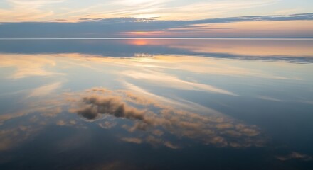 Obraz premium A tranquil sunset over a calm sea with a perfect mirror reflection of the colorful sky and clouds.
