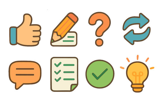 Children's Review Icons. Flat vector mini-illustrations Content review and feedback in colors children's