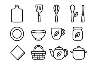 Eco Kitchenware Icons. Outline icon set of eco kitchenware trade: cutting board, spatula, whisk, bamboo spoon,