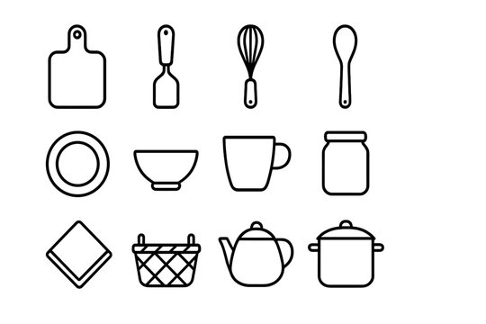 Eco Kitchenware Icons. Outline icon set of eco kitchenware trade: cutting board, spatula, whisk, bamboo spoon,