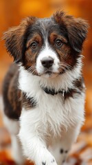 Adorable Brown and White Puppy Dog Portrait with Autumn Background