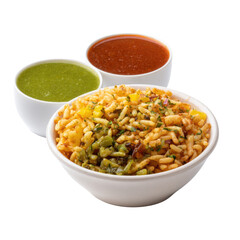 A bowl of savory puffed rice snack with green and red chutneys. background removed
