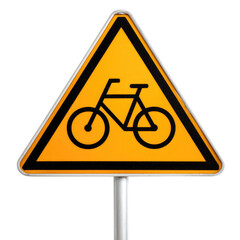 Yellow triangular warning sign: Cyclists ahead. Exercise caution. background removed