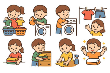 Fototapeta premium Laundry Day Steps. Flat vector mini-illustrations Laundry day steps in colors children's illustrations: