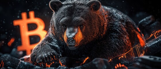 A Black Bear Clawing Through Burning Rubble with a Bitcoin Symbol Behind It