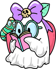 Halloween Groovy Ghost Reading a Book with Worm in Apple Illustration
