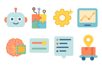 AI Kids Icons. Flat vector mini-illustrations AI-driven recommendations in colors children's illustrations: