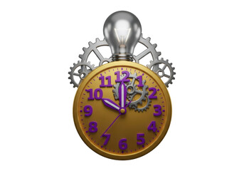Golden Clock With Purple Numbers Illuminated Light Bulb and Gears on Black Background