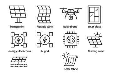 Fototapeta premium Future Energy Icons. Outline icon set of future energy tech: transparent solar panel, flexible panel, solar
