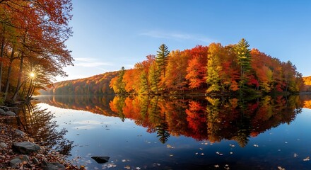 Obraz premium Autumnal reflection of colorful trees on a calm lake at sunrise.