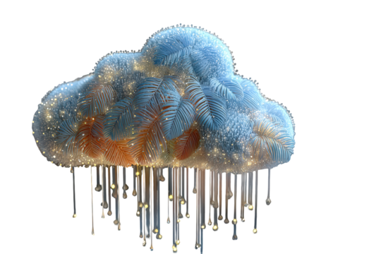 Abstract fluffy cloud with glowing lights and rain drops, representing cloud computing and digital technology, isolated on transparent background
