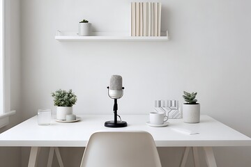 Bright podcast workspace with white walls, plants, and microphone arm