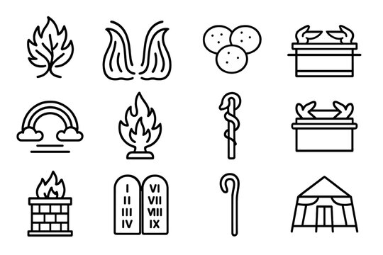 Old Testament Icons Grid. Outline icon set of Old Testament grace symbols: burning bush, parted sea, manna