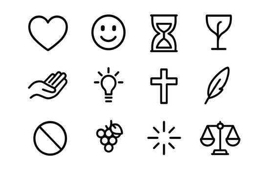 Christian Virtues Icons. Outline icon set of Christian virtues and spiritual fruits: love heart, joy smile,